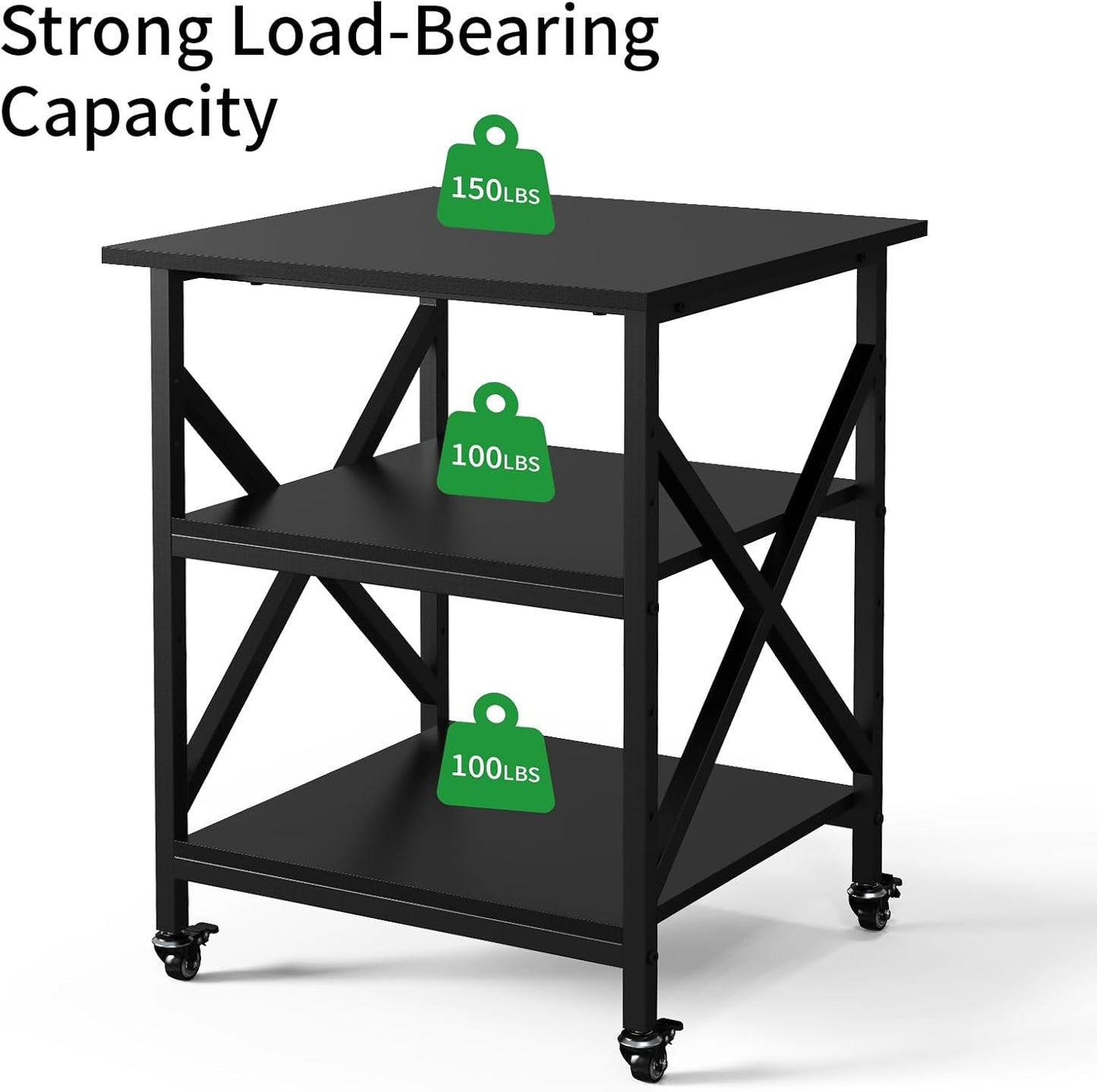 Ollieroo 3 Tier Printer Stand, Large Table with Wheels, Rolling Cart with Height Adjustable Middle Storage Shelf, 23.6 x 23.6 x 30.3 Inches Shelf for Home Office, Black
