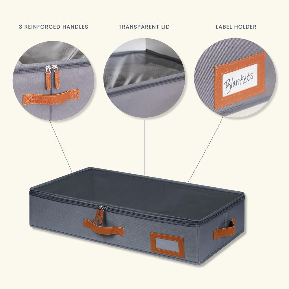 OrganiHaus Under Bed Storage Containers, Bedroom Storage and Organization Bins, Clothes Organizer for Closet with Clear Cover and Reinforced Handles - Set of 2 23.5x12.5x5 inches Gray