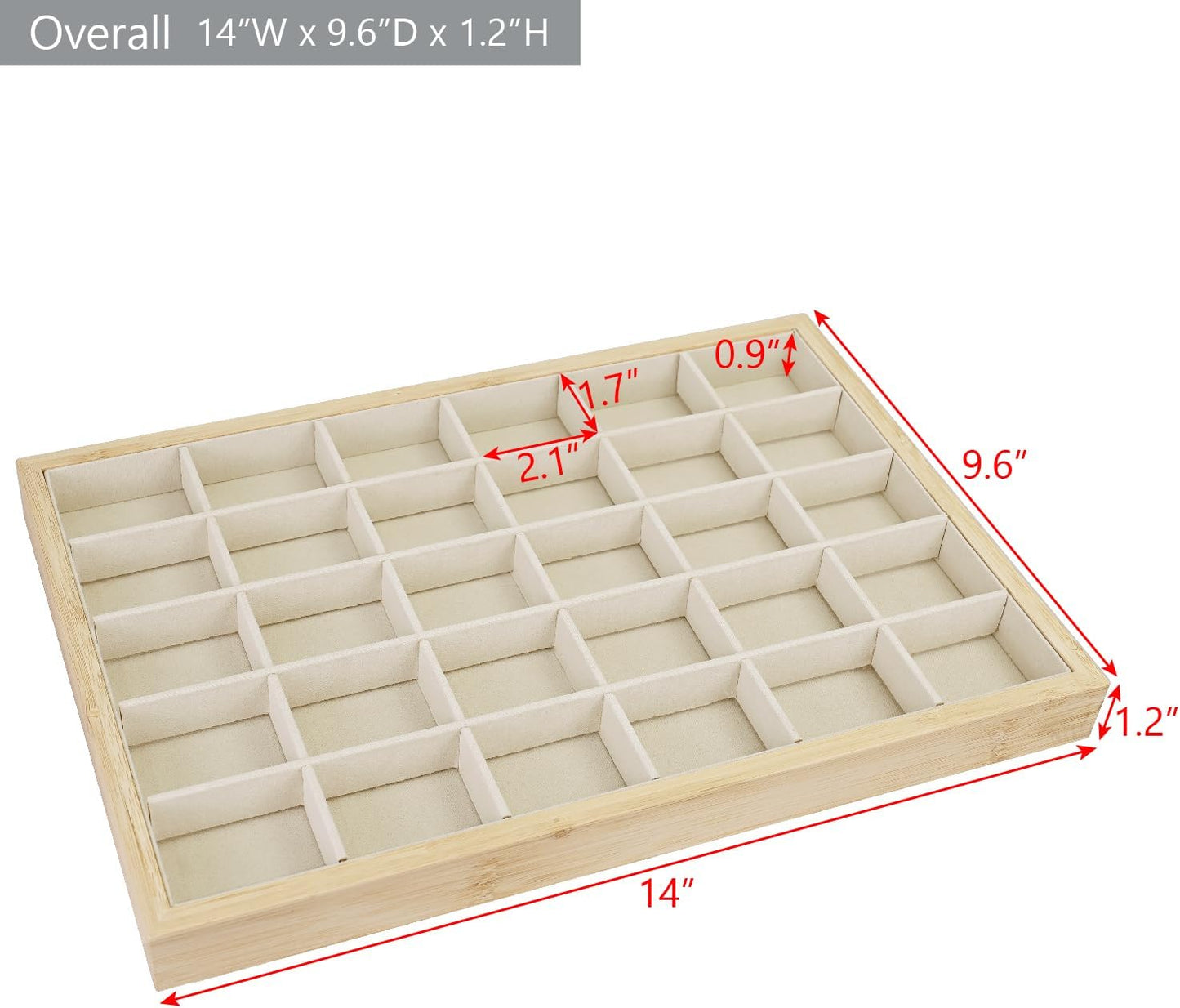 MOOCA 2 Pcs Set Bamboo Jewelry Display Tray Organizer with 30 Compartments for Rings, Earrings, Jewelry, Accessories, and Collectibles items, Oak Color,14" W x 9.6" D x 1.2" H