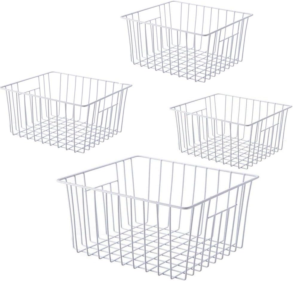 Freezer Wire Baskets, Kitchen Storage Organizer Bins for Chest and Upright Freezer, Refrigerator Dividers Containers with Handles - Pearl White (4)
