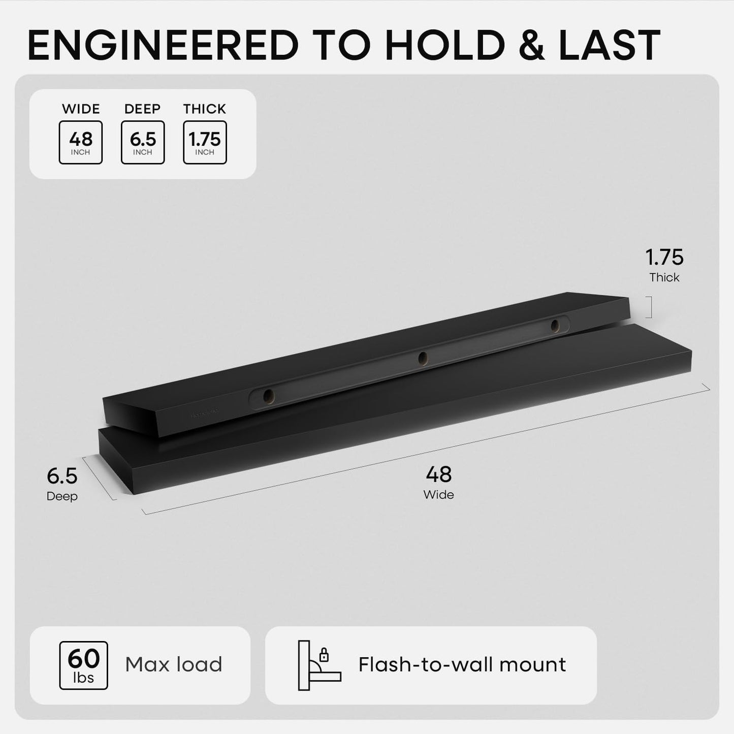 Homeforia Black Floating Shelf 48 inches, High End Solid Real Wood 48 inch Long Floating Shelves for Wall, Black Wooden 48inch Large Floating Shelves, Heavy Duty Bracket, 48 X 6.5 X 1.75 in, Set of 3