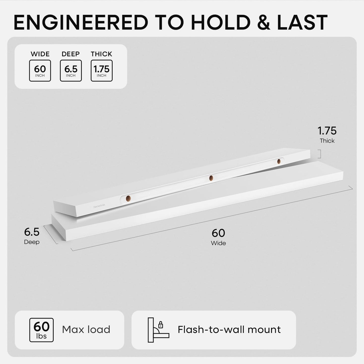 Homeforia Floating White Shelf 60 inches, High End Solid Real Wood 60inch Long Floating Shelves for Wall Mounted, White Wooden 60in Floating Shelves, Heavy Duty Bracket, 60 X 6.5 X 1.75 inch, Set of 3