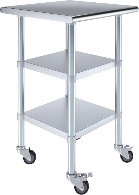 AmGood Stainless Steel Work Table with 2 Shelves and Casters | Metal Utility Table On Wheels (Stainless Steel Work Table with 2 Shelves + Casters, 24" Long x 24" Deep)