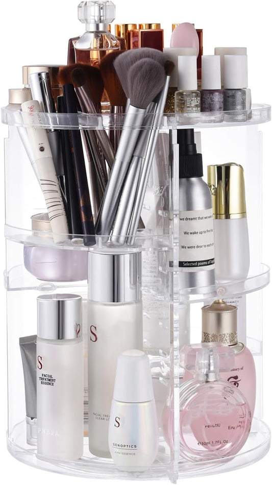 360 Rotating Makeup Organizer,DIY Adjustable Spinning Holder,Foldable Cosmetic Storage Display box,Large Capacity Make up Caddy Shelf,Fits Countertop Vanity and Bathroom (CLEAR)