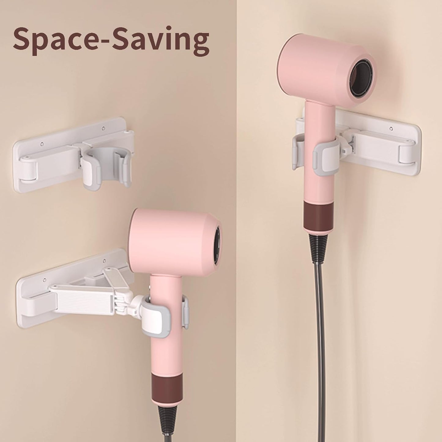 Wall Mount Hair Dryer for Bathroom, Adjustable Hands-Free Blow Dryer Stand with 360° Swivel Ball Head, Storage Holder for All Hair Dryer Sizes, No Drill Adhesive or Screw Installation