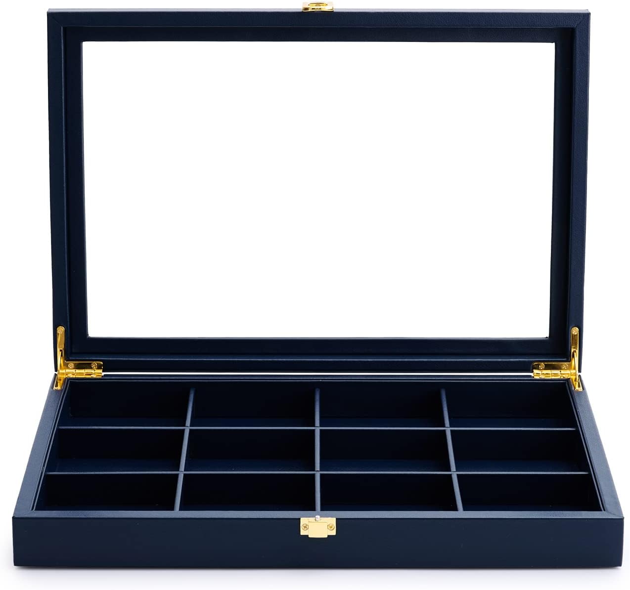 Oirlv 12 Gird Jewelry Tray with Acrylic Lid Premium Blue Leather Jewelry Organizer Box Transparent Lid Bracelet Bangle Small Watch Storage Case for Women Gift