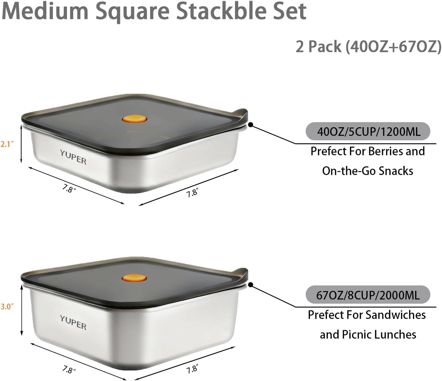 YUPER Stainless Steel Food Containers, Meal Prep Containers, Sandwich Containers, Stainless Steel Containers with Lids Fruit Lunch Snacks Storage, 2 Pack (40+67OZ)