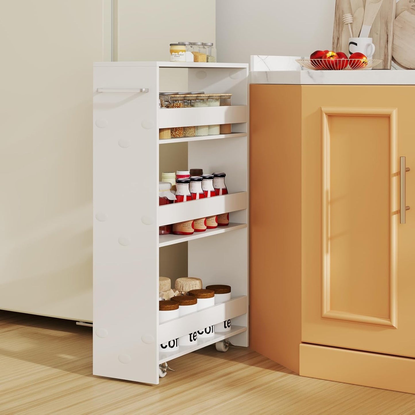 Slim Rolling Storage Cart, 4 Tier Narrow Kitchen Cart with Wheels, Between Washer and Dryer Cart, Wood Shelving Unit Organizer w/Handle for Small Spaces (White, 8-Inch)