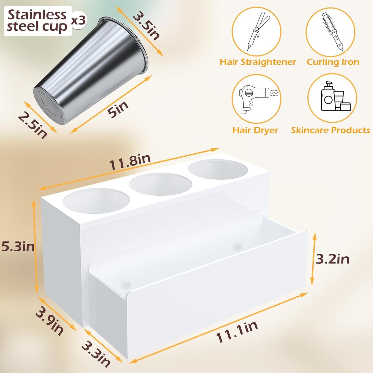 Hair Tool Organizer, Acrylic Hot Hair Styling Tool Organizer with 3 Cups, Hair Dryer Holder for Bathroom Organization Bedroom Vanity Countertop Caddy Storage Curling Iron Stand (Glossy White)
