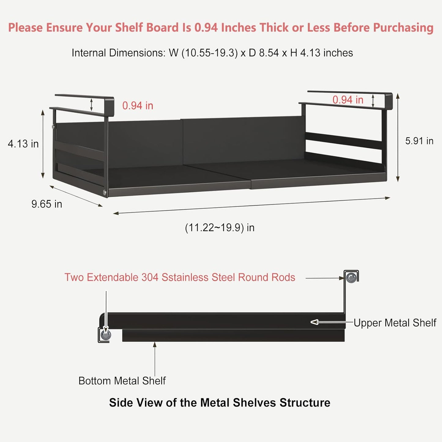 Expandable Under Cabinet Shelf Organizer with 0.94-Inch Thick Clips, Heavy Duty Extendable Under Shelf Storage Basket for Pantry or Laundry Room, Black, 1 Pack, Interior: 4.13" H x 8.54" D