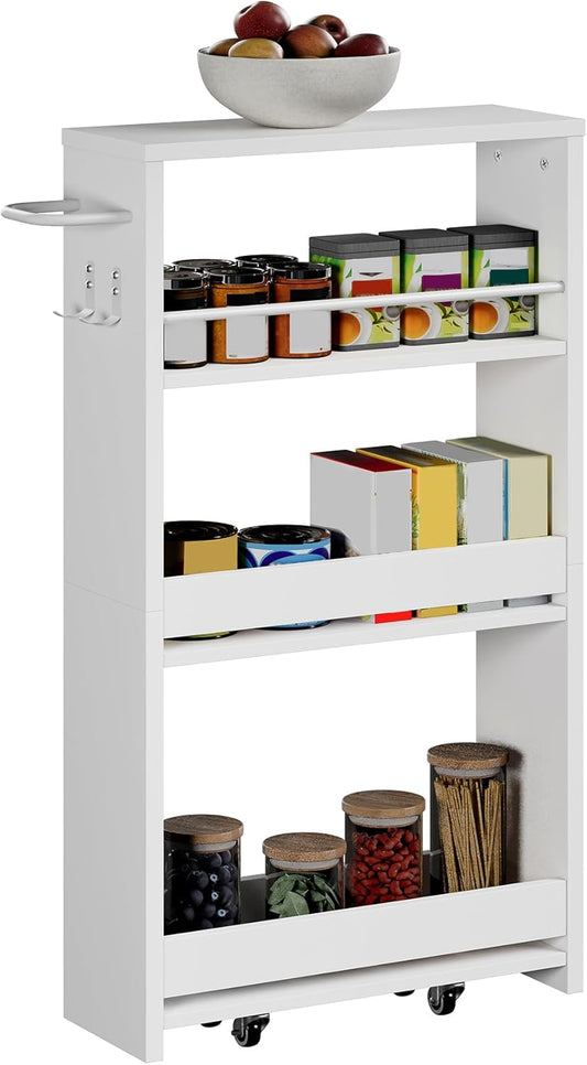 ChooChoo 4-Tier Slim Storage Cart with Handle, 5.51" W Rolling Utility Cart on Universal Wheels, Kitchen Cart Mobile Shelving Organization for Laundry Room, Bathroom & Narrow Places, White