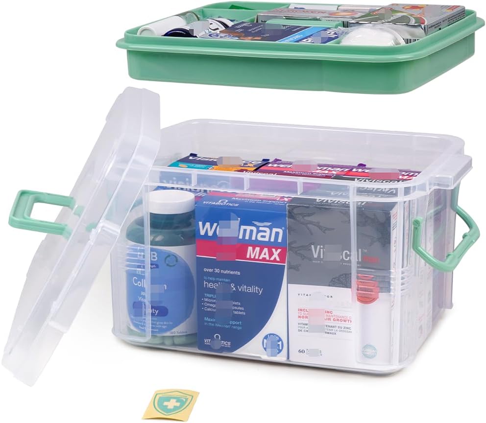 DOUKE 15qt Clear Medicine Organizer Storage Box with Handle, Plastic Empty First Aid Box with Tray, Multipurpose Medical Storage Container, Medication Organizer Chest for Home, Baby, Elderly, Dorm