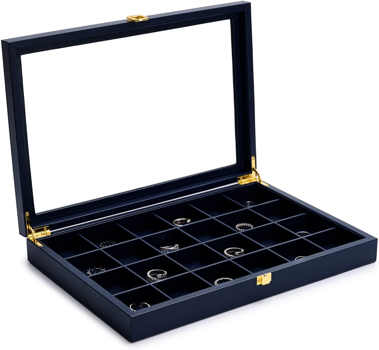 Oirlv Premium Blue Leather 24 Grid Jewelry Tray with Transparent Lid Earrings Rings Organizer Box Stackable Jewelry Box Drawer Inserts Women Gift
