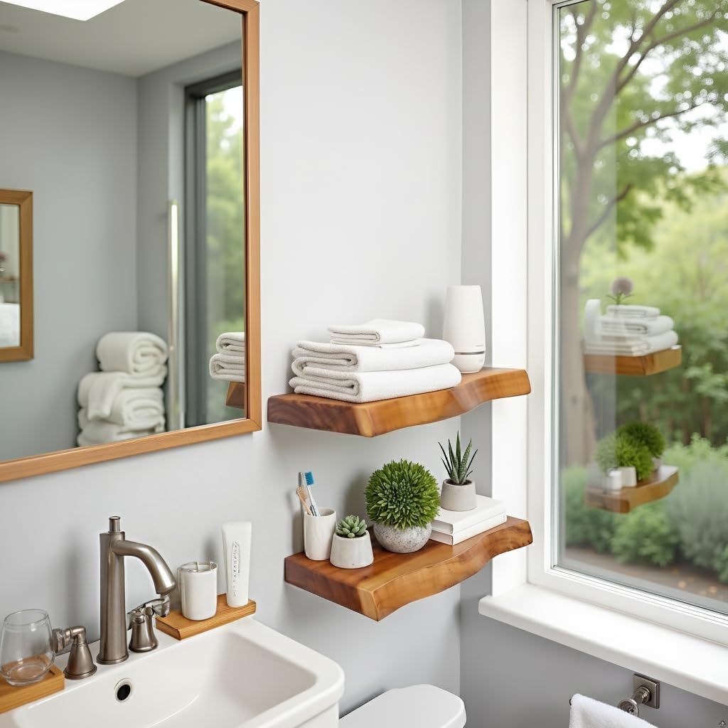Solid Wood Floating Shelves Set of 2 - Handcrafted with Authentic Live Edge Design for Natural Wall Display - 15.7" Rustic Wooden Shelving for Bathroom Kitchen Bedroom