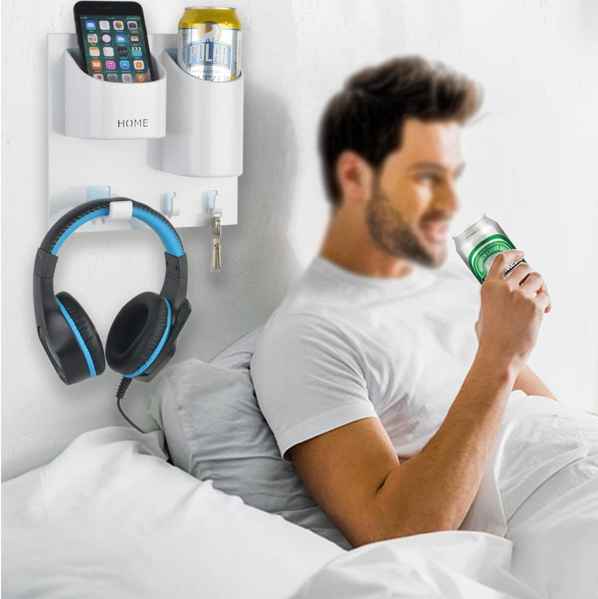 Bedside Shelf Caddy Drink Beer Holder Can Wall Mounted | Adhesive Stick On | 3 Hooks Drain Hole Design Cellphone Organizer | Gaming RV Boat Bedroom Office