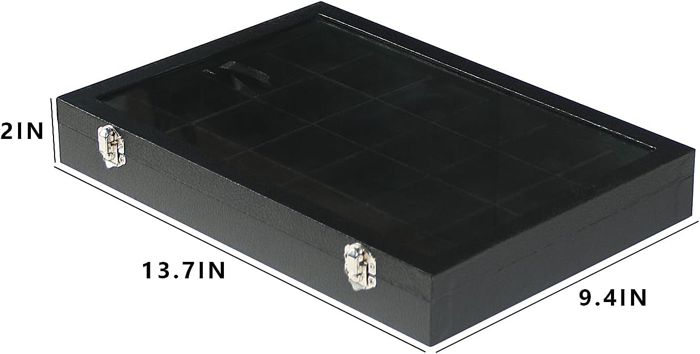 Coward Jewelry Organizer Box, Black Velvet 24 Grids Ring Earring Jewelry Display Tray Case with Transparent Glass Lid for Home Drawer or Shop Selling