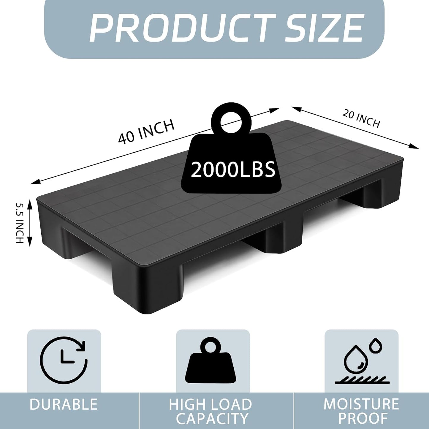 2 Pcs Plastic Pallet for Basement Storage Easy Stack Lightweight Floor Pallet Display Flooring Room Supermarket Christmas, Support up to 2000 Lbs (40'' L X 20'' W X 5.5'' H,Black)