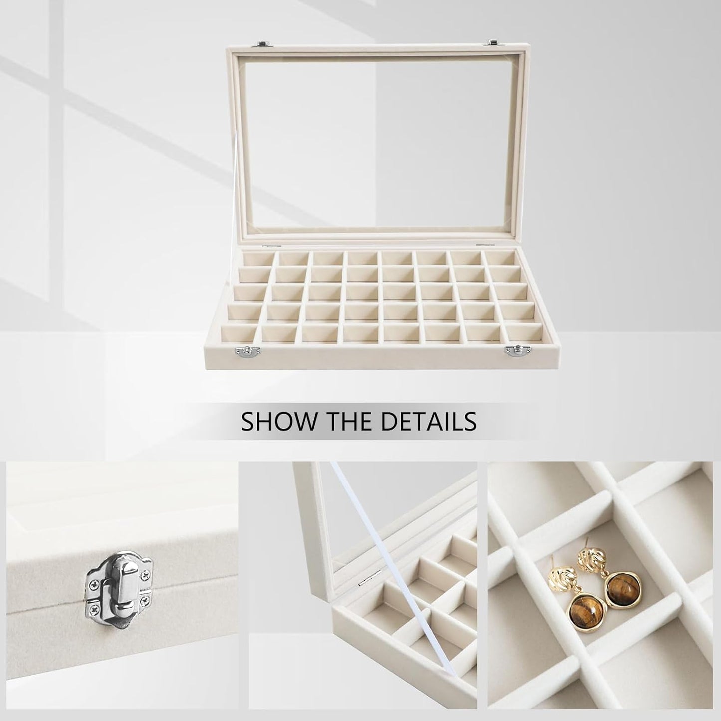 Wudygirl Large Jewelry Organizer Box with 40 Compartments Earring Holder Organizer Velvet Ring Display and Necklace Storage Tray Jewelry Box for Women (Beige Velvet)