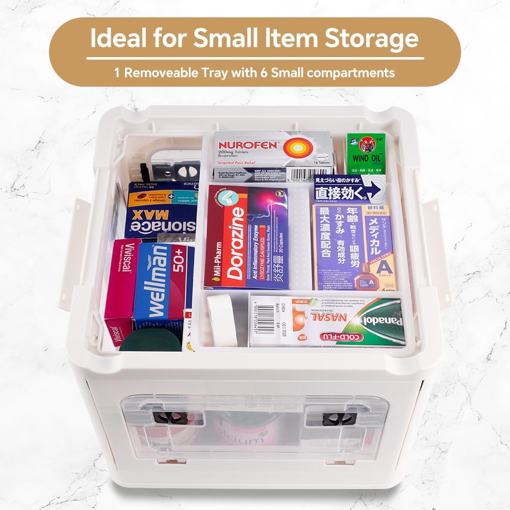 DOUKE 22qt Medicine Organizer Storage Box – Plastic First Aid Box Empty with Lid, Stackable Medical Container with Handle & Wheels, Sturdy BPA-Free Case with Tray for Medication & Supplies
