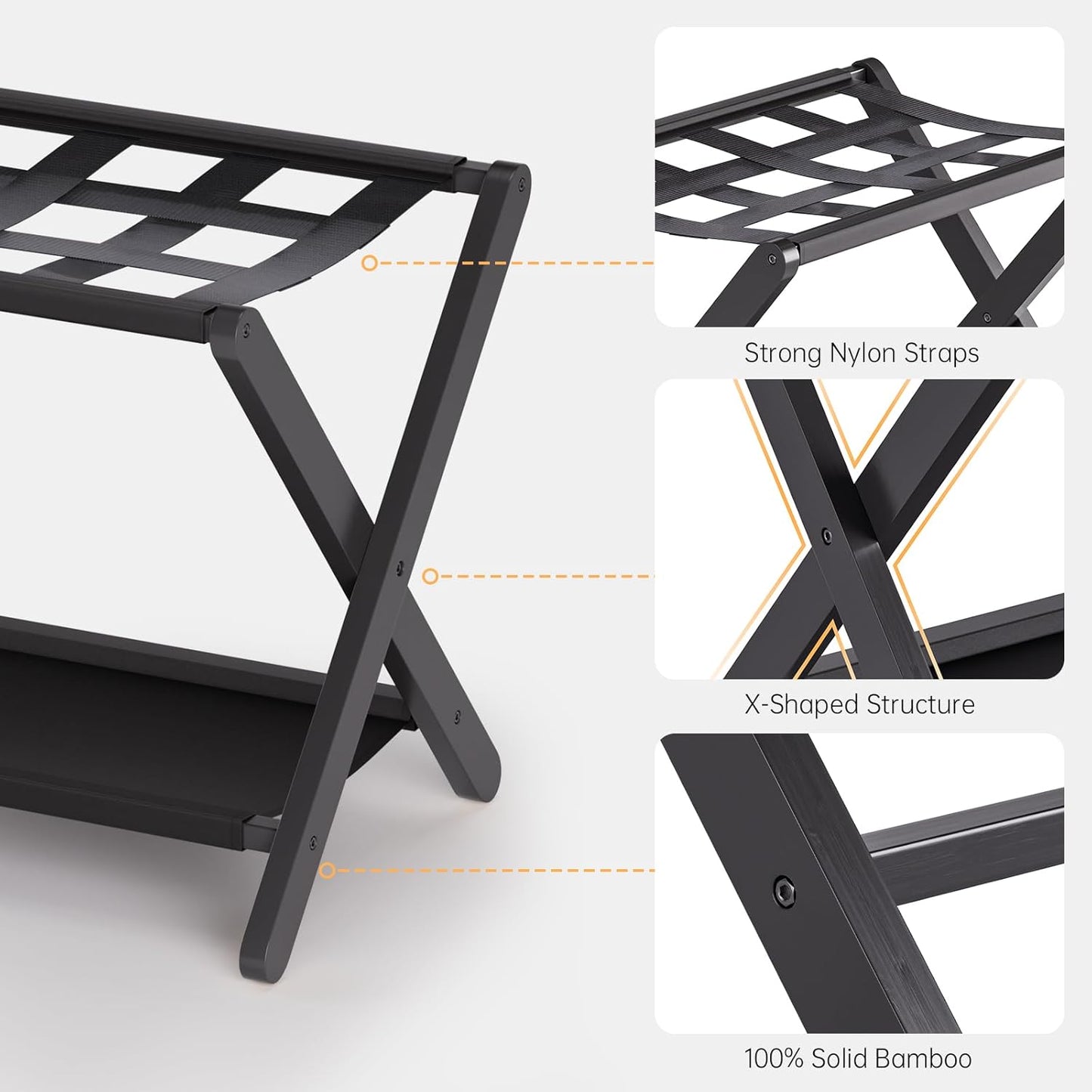 HITNET Luggage Rack for Guest Room, Pack of 2, Suitcase Stand Folding Bedroom, Bamboo Hotel Luggage Holder with Fabric Storage Shelf and Nylon Straps, Black