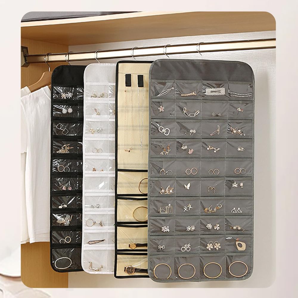 Hanging Jewelry Organizer Storage Earring Jewelry Storage Bag With 48 Pockets Necklace Bracelet Ring Glasses Accessory Display Rack (A48- Black)