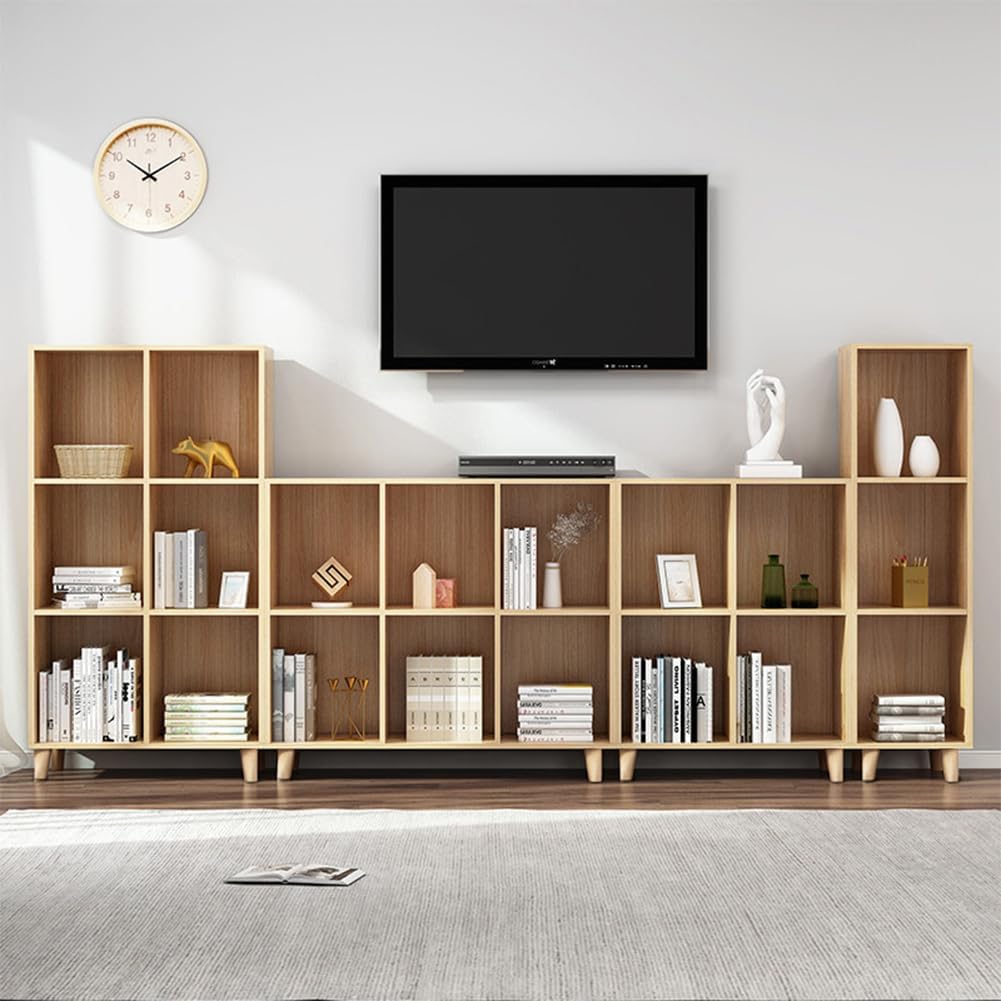 IOTXY Open Cube Low Bookcase - 3-Tier Freestanding Storage Display Cabinet Organizer with Legs for Home Office, 3-Cubes Open Shelf Short Bookshelf, Oak