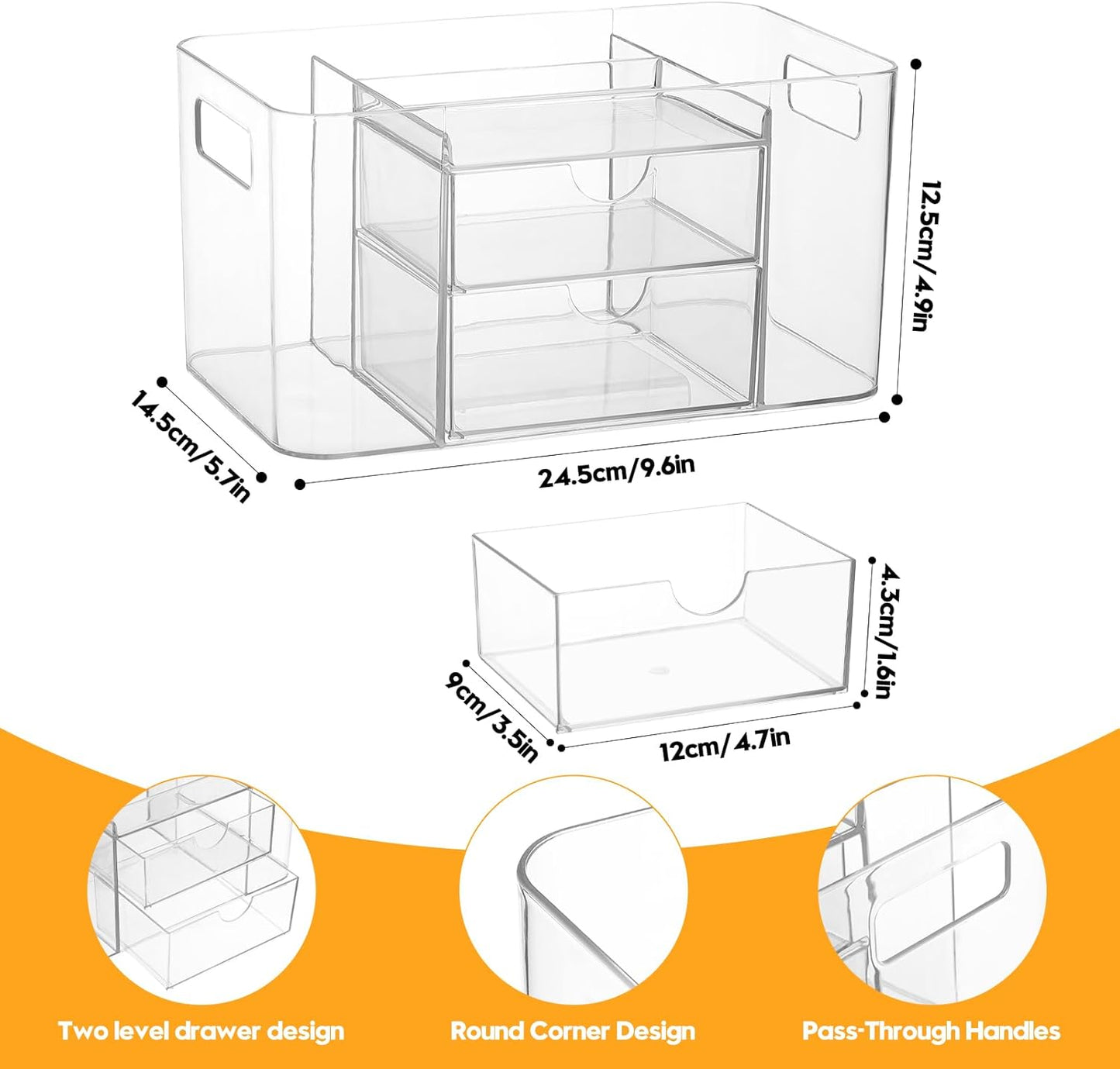 Acrylic Makeup Organizer for Countertop – 2 Drawers & 3 Compartments, Clear Storage Bin. Multi-use for Skincare, Cosmetics, Jewelry & Small Accessories, fits Vanity, Bathroom, Office, Craft