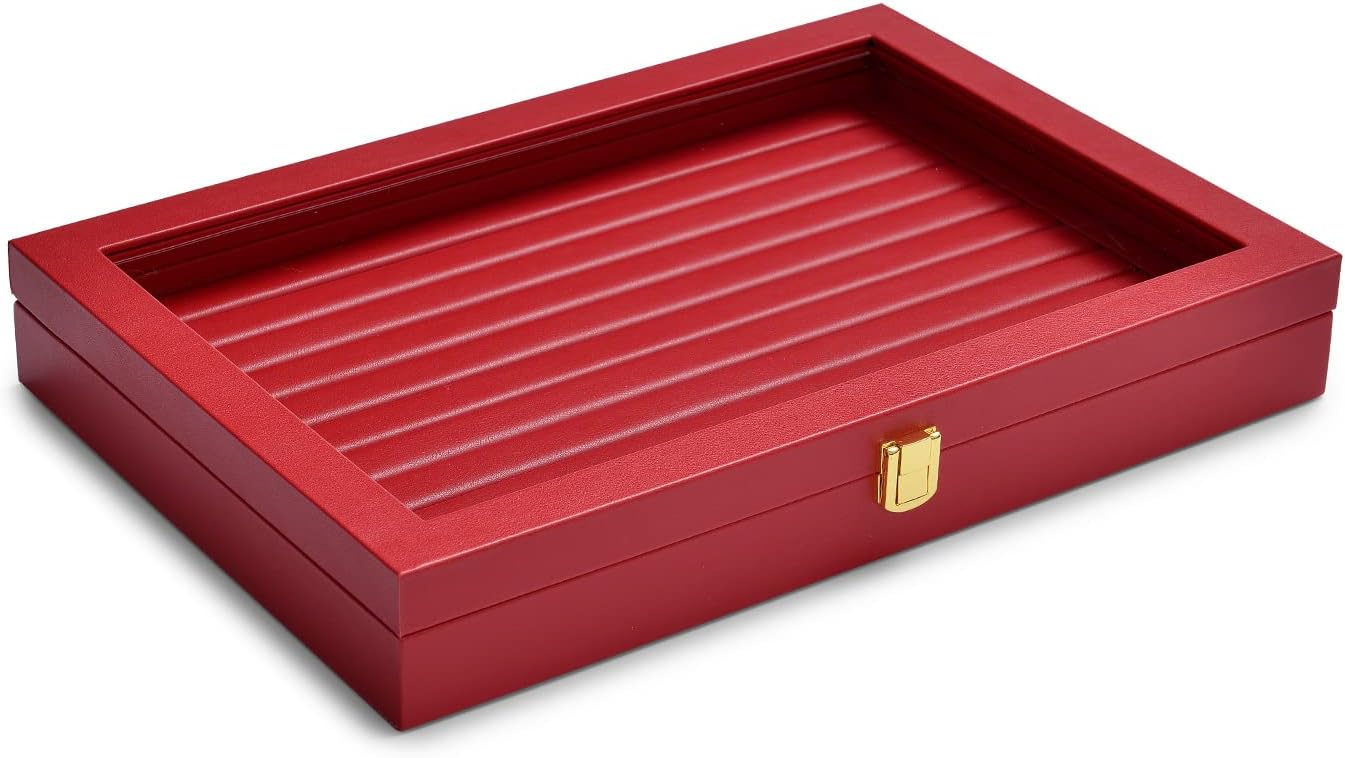 Oirlv Luxury Leather Rings Earrings Organizer Tray with Clear Lid Jewelry Display Box with Acrylic Lid Stackable Jewelry Box Drawer Inserts
