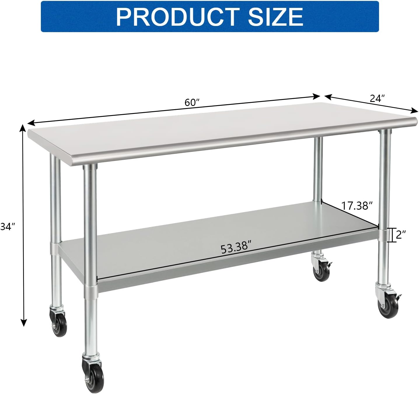 HARDURA Stainless Steel Table with Wheels 24 x 60 Inches Casters NSF Heavy Duty Commercial Work & Prep Table with Undershelf and Galvanized Legs for Restaurant Kitchen Bar and Hotel Garage