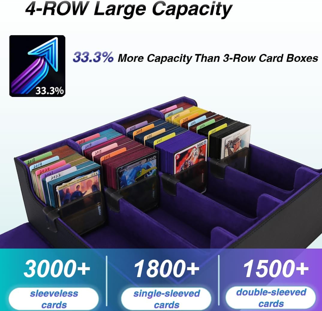 Venssu Card Storage Box For Trading Cards With Dedicated Card Supporters,3000+ Mtg Deck Box With 24 Colorful Divider Tabs,Trading Card Storage Fits For Magic Game Cards (Black and Purple)