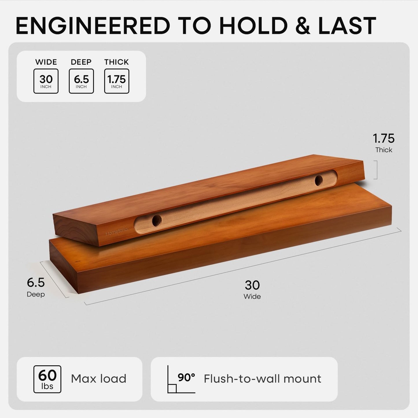 Homeforia Oak Floating Shelves 30 inch Long, High End Solid Real Wood 30inch Floating Shelves for Wall Mounted, Honey Oak Wooden 30in Floating Shelf, Heavy Duty Bracket, 30 X 6.5 X 1.75 in, Set of 4