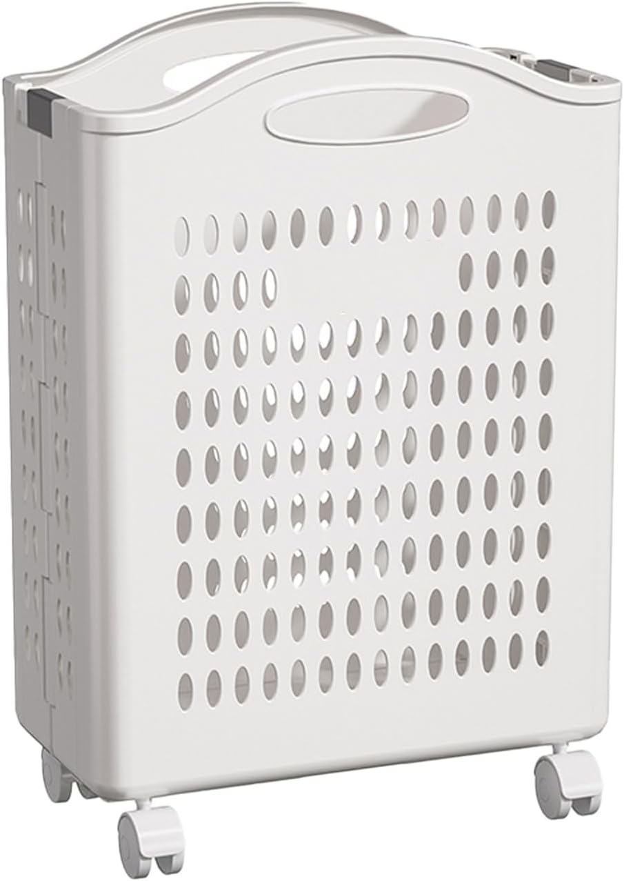 Rolling Laundry Hamper with Wheels - 14W×7.5D×21H Ventilated Plastic Laundry Basket, White Storage Bin with Handles for Small Spaces, Bedroom & Bathroom