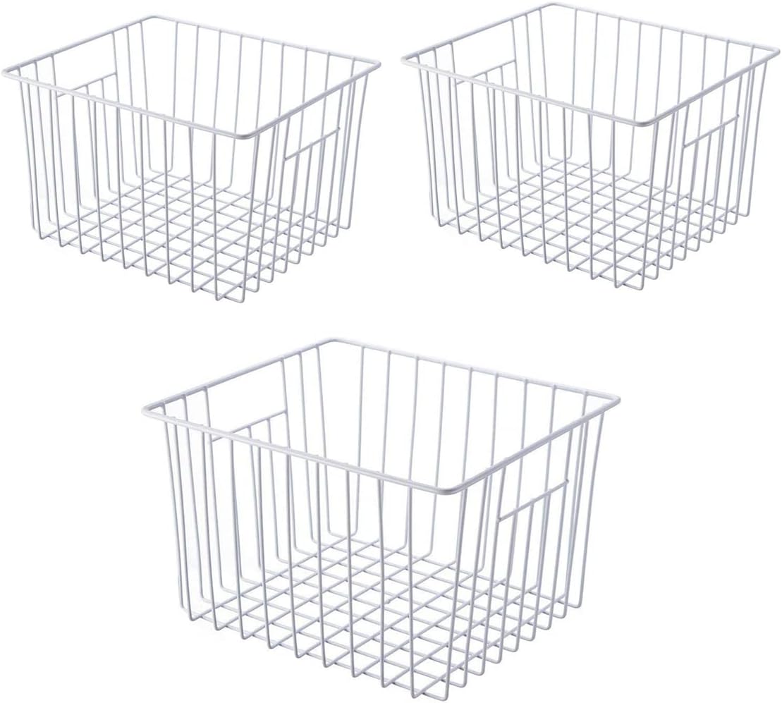 Freezer Wire Baskets Storage Organizer, Household Storage Metal Wire Bins for Kitchen, Pantry, Cabinet, Bathroom, Bedroom - Pearl White (3, 11in x 10in x 5.5in)