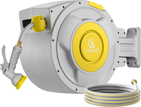 130 ft x 1/2" Retractable Garden Hose Reel, Heavy Duty Water Hose Reel Wall Mounted, Any Length Lock, 180°Swivel, Water Hose with 8-Function Nozzle for Cleaning, Watering (Yellow)