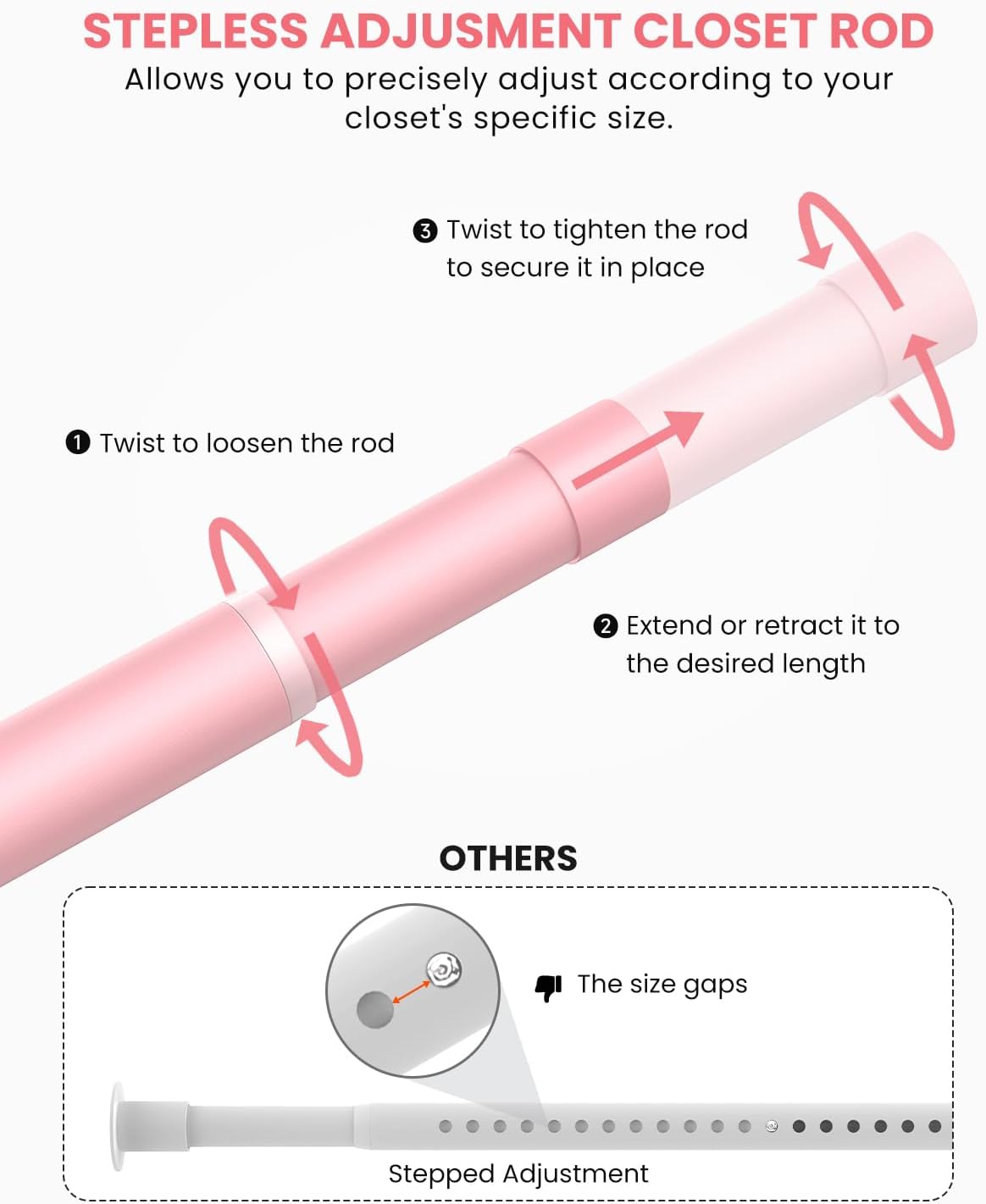 Closet Rods for Hanging Clothes, 17 to 54 Inches Stepless Adjustable Metal Closet Rod, 1.3 Inches Heavy Duty Clothes Hanging Rod for Closet Wardrobes Laundry RV, Pink