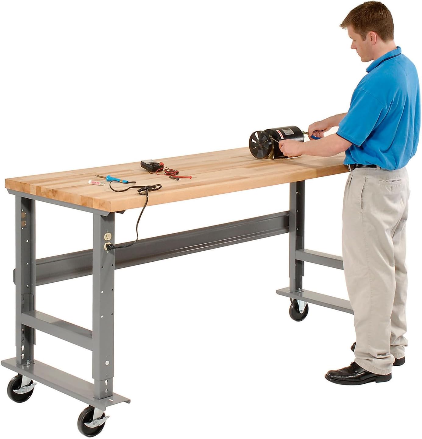 Global Industrial Mobile Adjustable Height C-Channel Leg Workbench, Maple Butcher Block Square Edge, 72" Wx36 D, Gray
