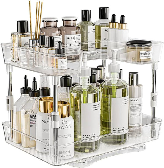 Acrylic Makeup Organizer, 2-Tier Large Capacity Cosmetic Storage Rack with Clear Shelves, Perfume and Skincare Organizer for Bathroom Countertop, Vanity and Dressing Table