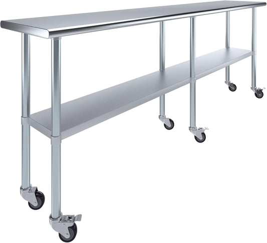 AmGood Stainless Steel Work Table with Casters | Heavy Duty Metal Utility Table On Wheels | Kitchen Island Cart (96" Long x 18" Deep)