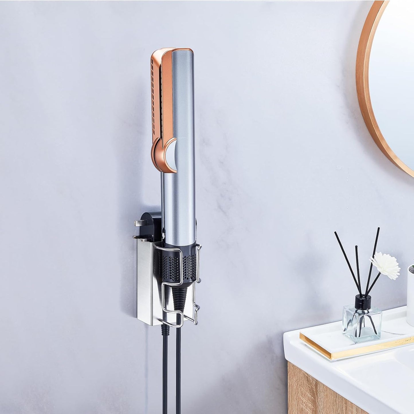 Hair Straightener Holder Wall Mounted, Hair Tool Organizer Stainless Steel, Adhesive Flat Iron Holder, Straighteners Holder for Bathroom Barber Shops Vanity (Silver)