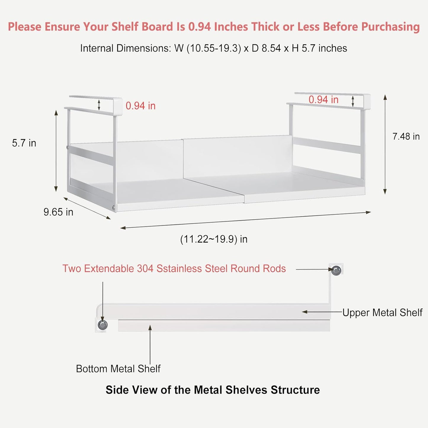 Expandable Under Cabinet Shelf Organizer with 0.94 Inches Thick Clips, Heavy Duty Extendable Under Shelf Storage Basket for Pantry or Laundry Room, White, 1 Pack, Interior: 5.7" H x 8.54" D