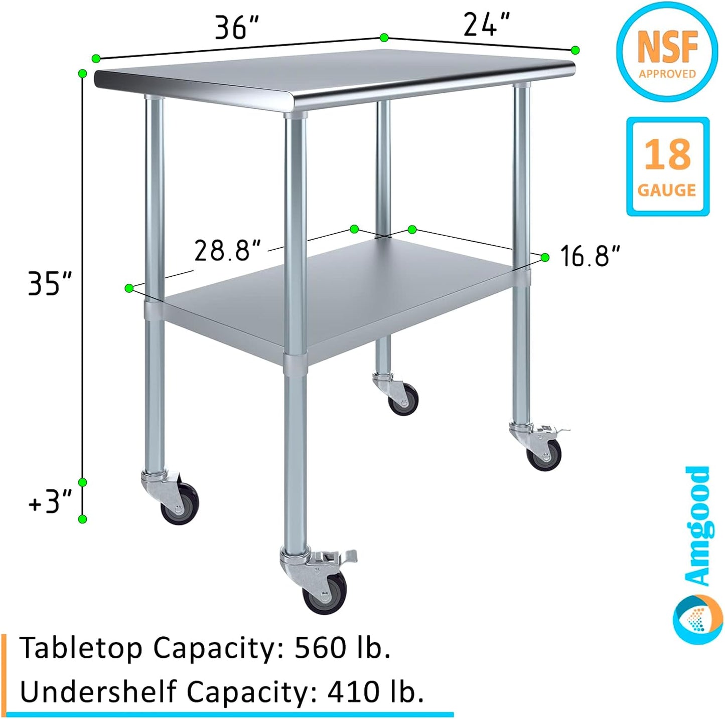 AmGood 24" x 36" Stainless Steel Work Table with Casters | Heavy Duty Metal Utility Table On Wheels | Kitchen Island Cart