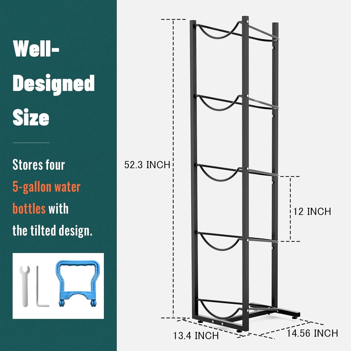 MYLOLF 5 Gallon Water Jug Rack: 5 Tier 5 Gal Bottle Holder Stand for Home Kitchen Garage Office - Saving Space & Black