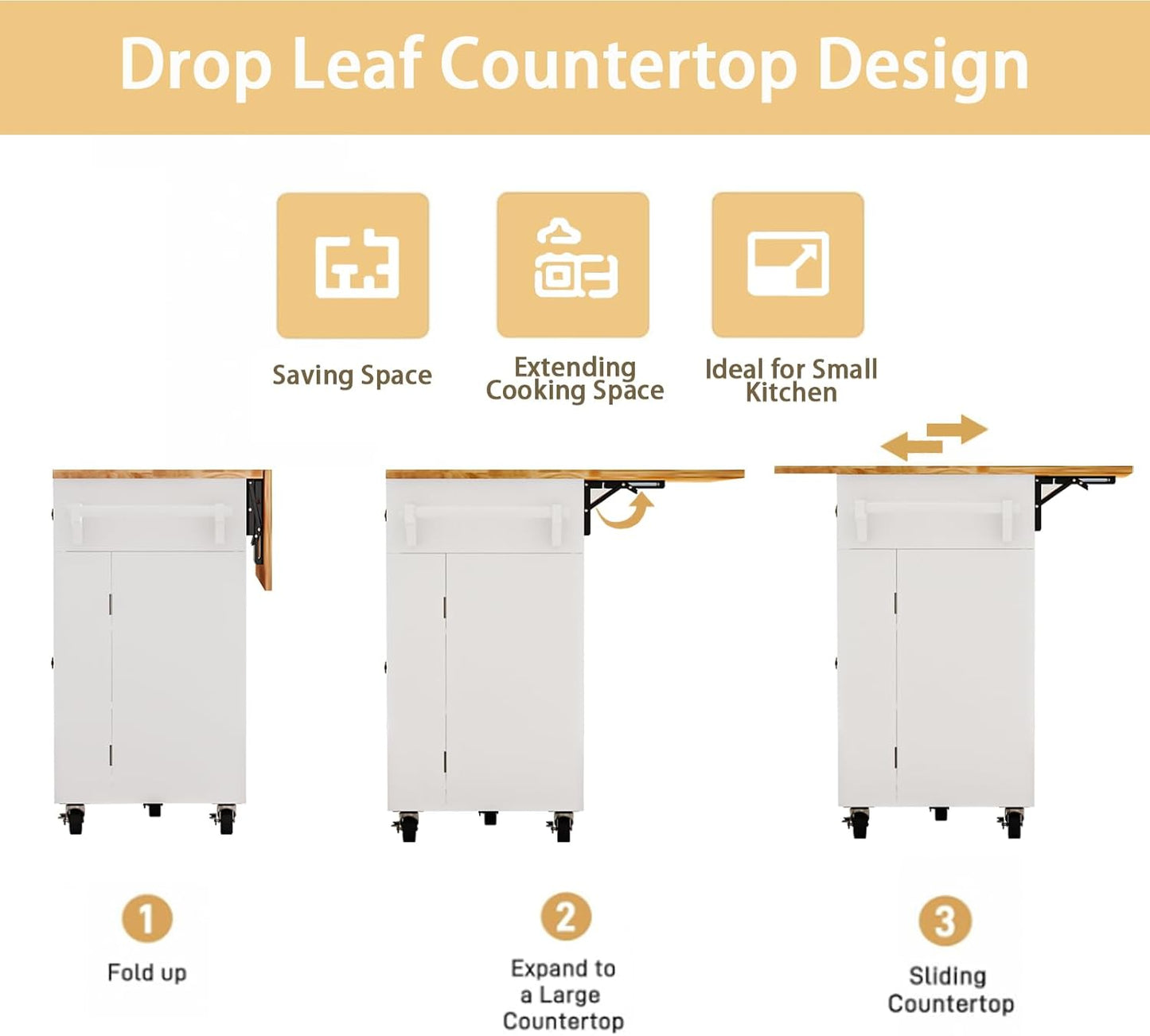 59’’ Rolling Kitchen Island Cart with Drop Leaf and Power Outlet, Movable Kitchen Islands with 3-Tier Door Storage Shelf, Island Table on Wheels, 2 Large Drawers, Towel Racks, White