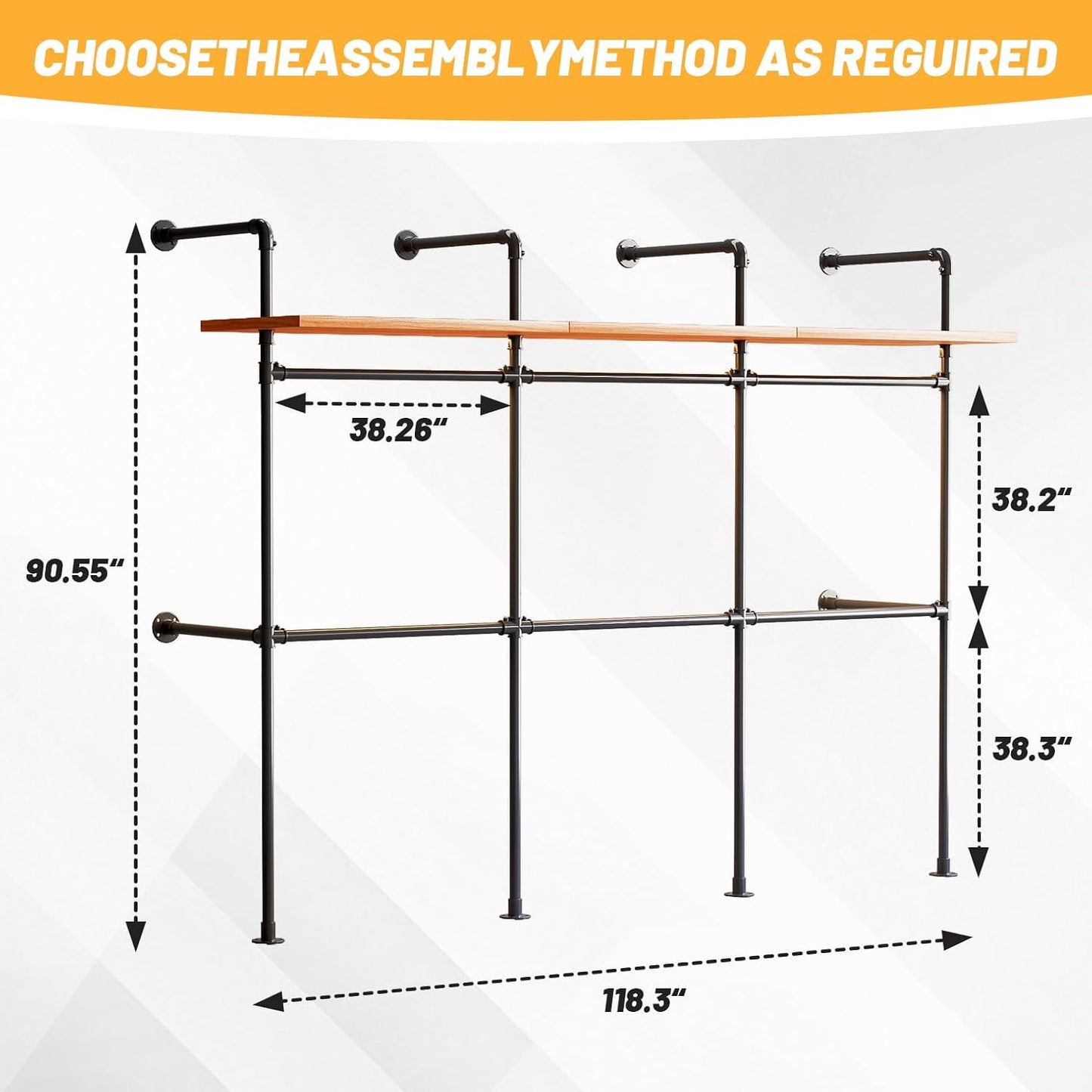 Industrial Pipe Clothing Rack, Reversible 118.3'' Clothes Rack for Hanging Clothes, Black Wall Clothing Rack Wall Mounted Rack for Walk-in Closet, Laundry Room or Retail Display (丨丨丨-with board)