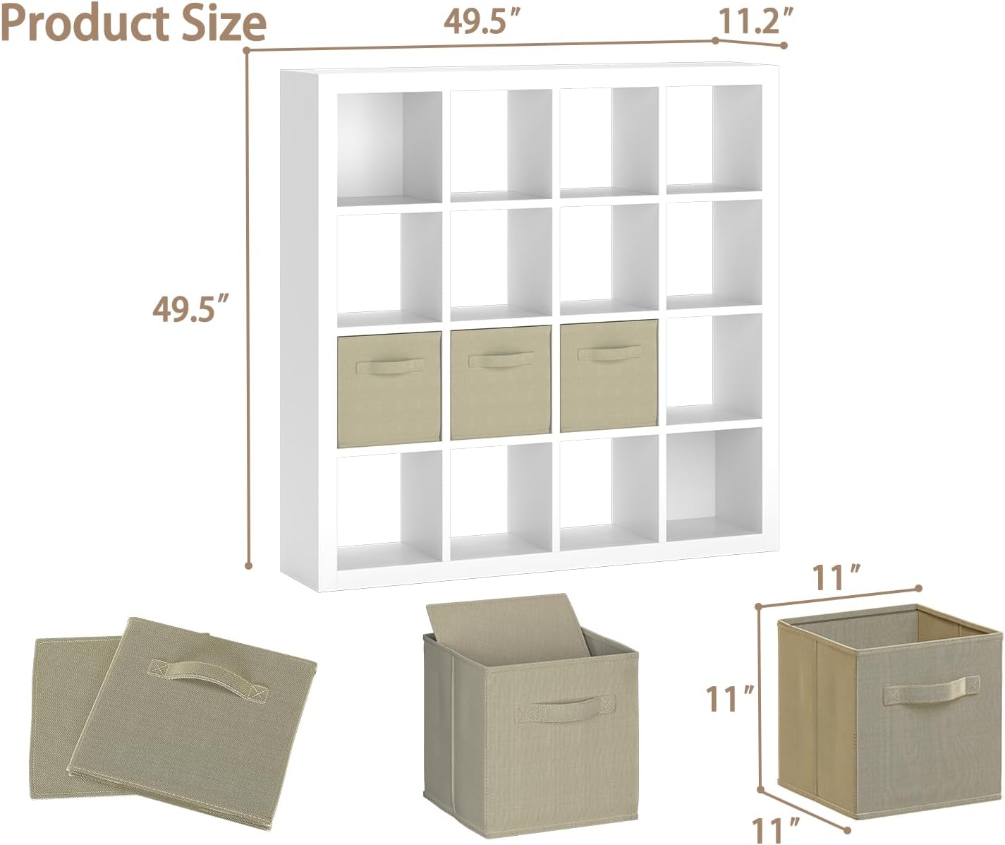 furtble Bookshelf with Storage Bins, 16-Cube Storage Organizer with Back Panels, Modern Wood Open Bookcase, Multifunctional Display Shelf for Living Room, Bedroom, Home Office, White