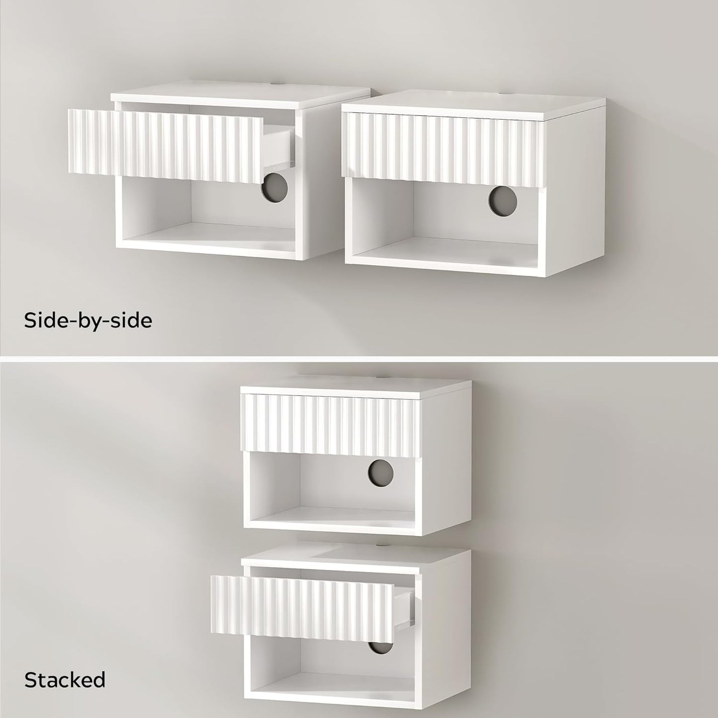 Fluted Floating Nightstand Set of 2 with Drawer, Modern Night Stand with Fluted Door and Open Storage Shelf Wall Mounted Bedside Table for Bedroom, Entryway White