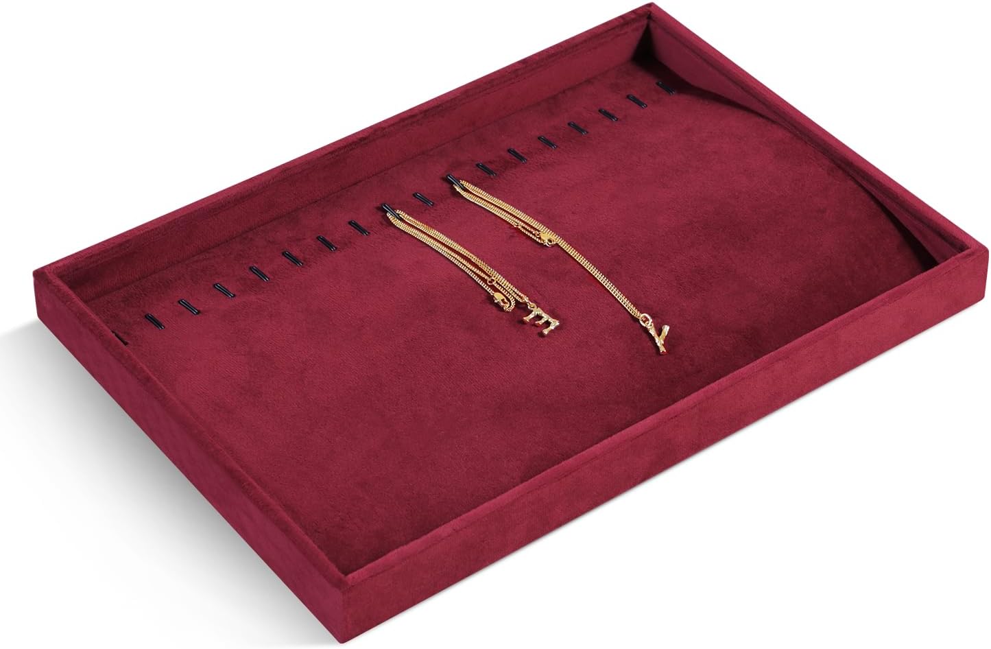 Velvet Jewelry Display Tray For Bracelet Pendant Necklace, Multi-Slot Stackable Storage Tray For Long Chain Jewelries, Drawer Insert Jewelry Organizer (Red)
