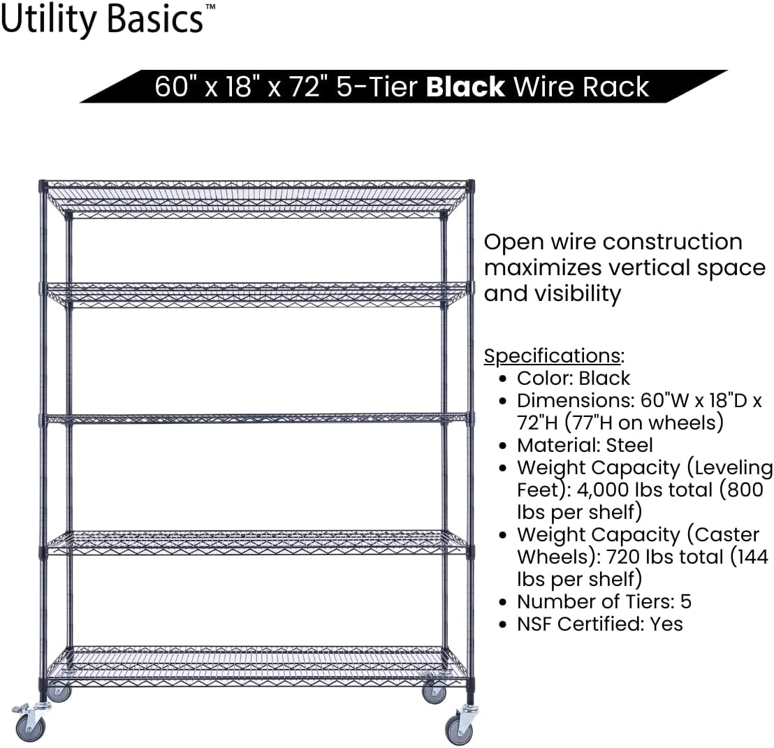 NSF Commercial 5-Tier Wire Shelving with Wheels, 60"x18"x72" Heavy Duty Metal Shelves 4000 lbs Max Capacity, Black Storage Rack for Garage Kitchen Pantry Warehouse