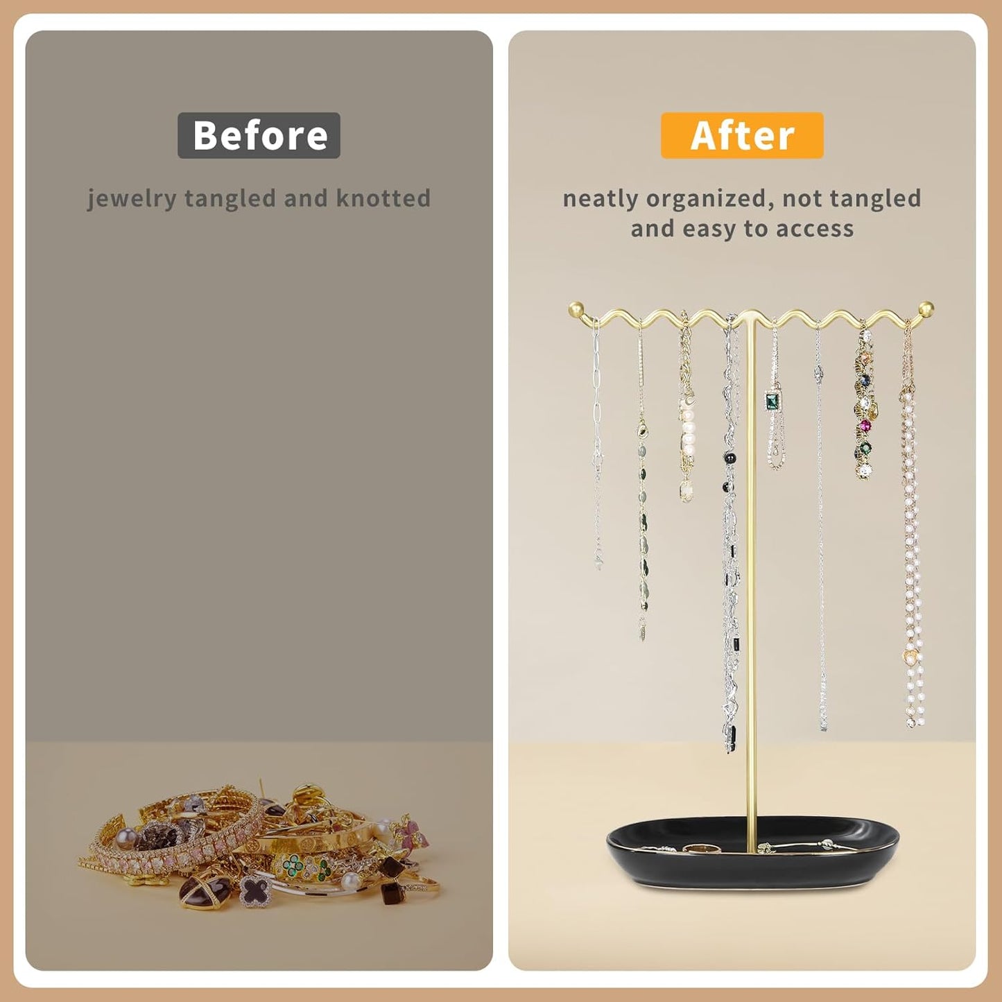 Elegant Jewelry Holder Stand: Metal Tree & Ceramic Tray Organizer for Necklaces, Rings, Earrings - Durable, Rustproof Display Holder Easy to Access Deluxe Black