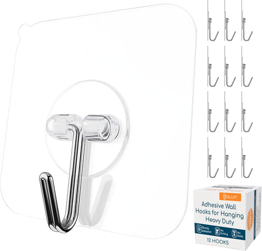 GLUIT Adhesive Wall Hooks for Hanging Heavy Duty 22 lbs Hooks for Walls No Damage, Towel Sticky Clear Hook, Waterproof, Home, Bathroom, Kitchen, Office, and Outdoor 12 Pack